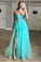 Backless Evening Dresses Turquoise Spaghetti Straps Split Appliqued Long Prom Dresses