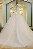 High Neck A Line Floor Length Wedding Dresses Lace Up With Pears Sequins Handmade Flowers