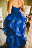 High Low Royal Blue Organza Prom Gowns Strapless Evening Dresses For Teens Brides JS158