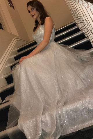 Glitter Silver Long Spaghetti Straps Prom Dresses with V Neck, Dance SJS20418