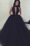 2024 Elegant Black Ball Gown Sexy Backless Long Sleeveless V-Neck Tulle Prom Dresses JS993