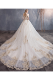 Ball Gown Tulle Wedding Dresses Off The Shoulder Appliques Beads Chapel Train