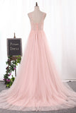 New Arrival Straps A Line Tulle Prom Dresses With Beading And Slit