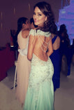 Open Back Mermaid Scoop Prom Dresses Tulle With Applique Sweep Train