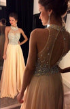 Champagne Chiffon Crystals Beaded Sleeveless A-line Open Back Halter Evening Dresses JS19