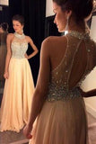 Champagne Chiffon Crystals Beaded Sleeveless A-line Open Back Halter Evening Dresses JS19