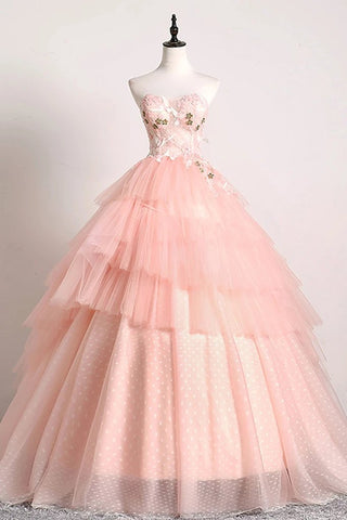 Princess Ball Gown Pink 3D Lace Multi-layered Prom Dresses, Tulle Quinceanera Dresses SJS15292