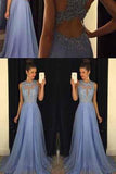 Lace Open Back Sexy Blue Chiffon Cheap A-Line Beads Sleeveless Scoop Prom Dresses JS942
