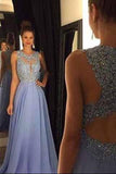 Lace Open Back Sexy Blue Chiffon Cheap A-Line Beads Sleeveless Scoop Prom Dresses JS942