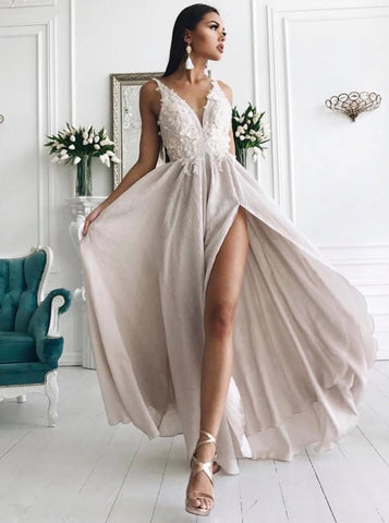 Fashion Slit Prom Dresses A Line V Neck Evening Dresses