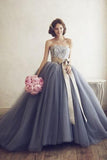 Elegant gray tulle organza sweetheart lace A-line ball gown dresses wedding dresses