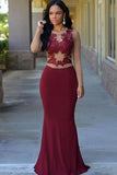 Wine chiffon mesh long sleeves lace applique slim long prom dresses