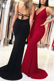 Simple V Neck Mermaid Backless Black Spaghetti Straps Prom Dresses Long Party Dress SJS15403