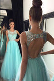 Prom Dresses A Line Scoop Beaded Bodice Tulle Open Back Floor Length