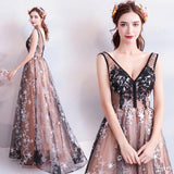 Princess A Line V Neck Applique Prom Dresses with Stars, Lace up Evening Dresses SJS15286