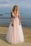 Elegant Deep V Neck Backless Long Pink Prom Dress with Appliques Beading, Party Dress SJS15165