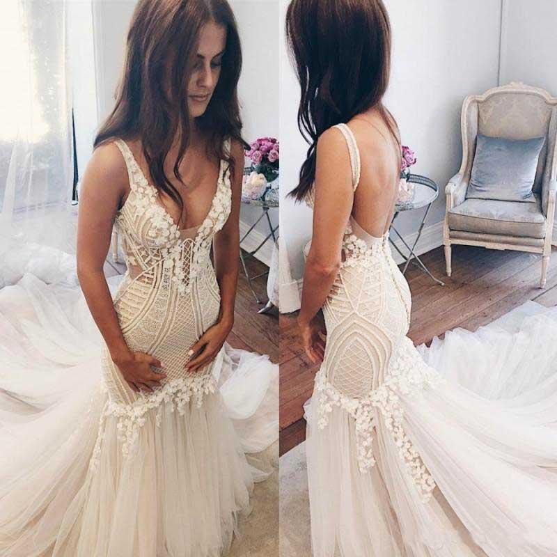 Beautiful Lace Tulle V-Neck Mermaid Ivory Sexy Sleeveless Wedding Dresses JS293