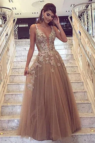 A Line Floor Length Deep V Neck Sleeveless Appliques Layers Tulle Prom Dresses