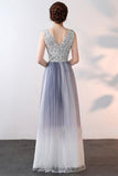 Elegant A-Line Ombre Tulle Beads V-Neck Sleeveless Open Back Prom Dresses UK JS536