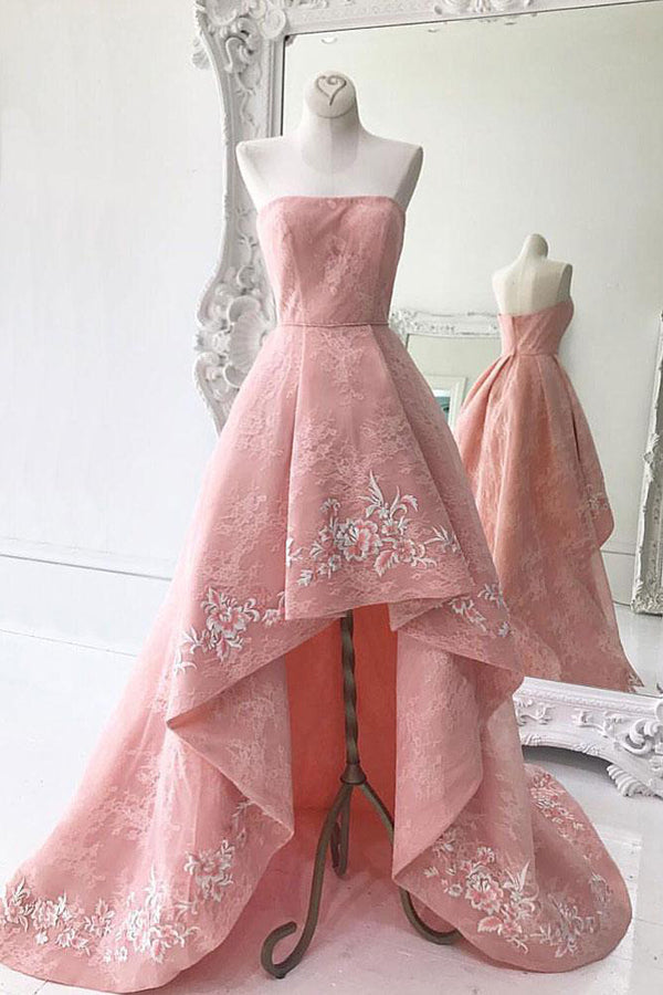 Charming Modest Pink A Line High Low Strapless Zipper Back Prom Dresses