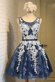 Light Blue Tulle Lace Applique Short Homecoming Dresses with Straps