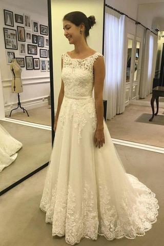 A Line Lace Appliques Tulle Ivory Scoop Long Wedding Dresses Cheap Bridal Dresses JS200