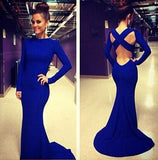 Open Back White Prom Dresses With Long Sleeves Tight Backless Royal Blue Prom Gown JS153