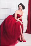 New Style Red Tulle Lace up Sweetheart Strapless Beads Ball Gown Prom Quinceanera Dress JS512