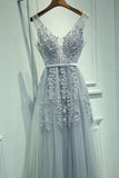 A-Line Grey Tulle with Lace Appliqued V-Neck Long Sleeveless Floor-Length Prom Dresses JS385