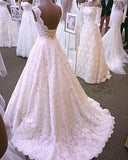 Chic Romantic Open Back A line Short Train Lace Ivory Long Wedding Dresses JS149