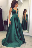 Formal Green Long A Line V Neck Sleeveless Backless Prom Dresses
