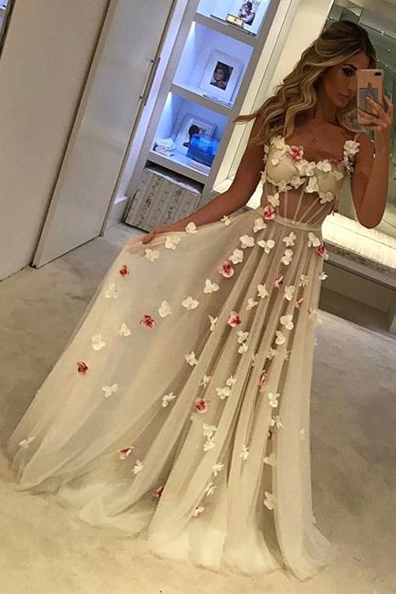 2023 A-Line Tulle Sweetheart Spaghetti Straps Pretty Appliques Backless Prom Dresses UK JS344