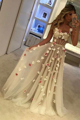 2024 A-Line Tulle Sweetheart Spaghetti Straps Pretty Appliques Backless Prom Dresses UK JS344