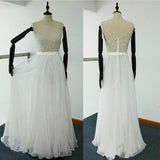 Sheer Beach Ivory Scoop A Line Beaded Embroidery Tulle Chiffon Wedding Dresses UK JS351