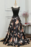 Chic A-Line Scoop Satin Black Lace up Sleeveless Long Flowers Prom Dresses JS622