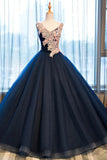 Navy Blue Ball Gown Floor Length V Neck Sleeveless Lace Up Floral Prom Dresses