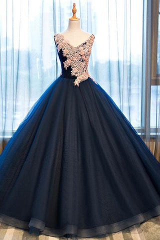 Navy Blue Ball Gown Floor Length V Neck Sleeveless Lace Up Floral Prom Dresses