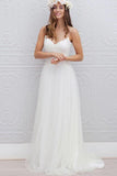 V-Neck Long Tulle A-line White Spaghetti Straps Backless With Bodice Wedding Dresses JS395