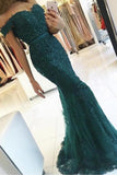 Elegant Emerald Green Off Shoulder Lace Mermaid Beads Sweetheart Prom Dresses UK JS412