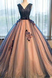 Chic Brown Long Ball Gown V-Neck Tulle Lace up Sleeveless Applique Prom Dresses UK JS370