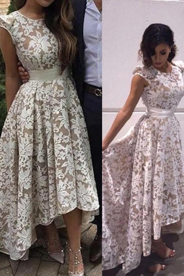 Cute Round Neck High Low Appliques Lace Prom Dresses