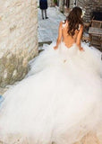 Mermaid Boat Neck Chapel Train Ivory Tulle Sleeveless Wedding Dress with Appliques Ruffles JS233