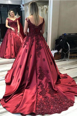 Gorgeous Long Sweetheart Strapless Ball Gown Lace Formal Dress Burgundy Prom Dresses
