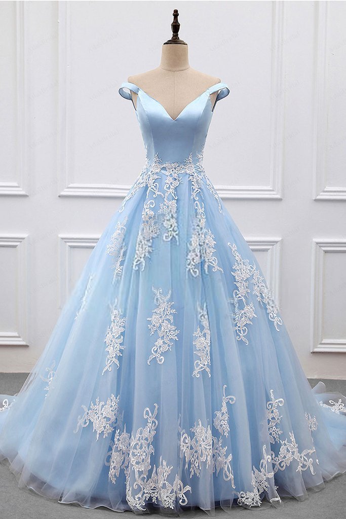 2023 Sky Blue Appliques Charming Ball Gown Off-the-Shoulder V-Neck Prom Dresses JS573