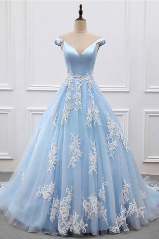 2024 Sky Blue Appliques Charming Ball Gown Off-the-Shoulder V-Neck Prom Dresses JS573