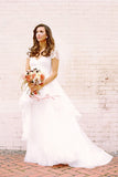A-Line Short Sleeve Long Ivory Tulle Sweetheart Beaded Cute Backless Wedding Dresses UK JS335