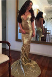 Sequin Mermaid Long Gold Sexy Deep V-Neck Spaghetti Strap Backless Sparkly Prom Dresses JS371