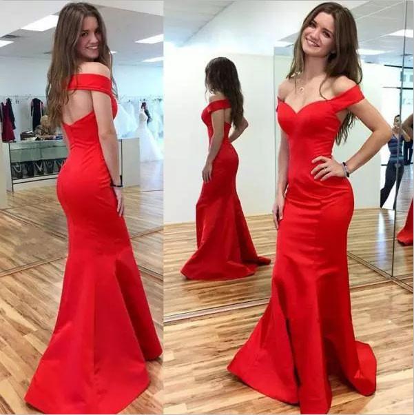 Mermaid Red Elegant Sweetheart Off Shoulder Satin Corset Open Back Prom Dresses JS194