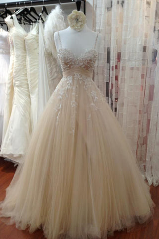 Flesh A Line Floor Length Sweetheart Spaghetti Layers Tulle Appliques Prom Dresses