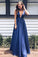 Royal Blue A Line Floor Length Deep V Neck Sleeveless Deep V Back Prom Dresses